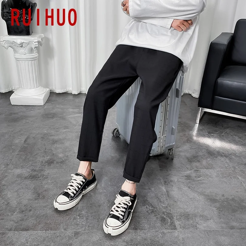 

RUIHUO Grey Men's Plaid Pants Harajuku Men's Clothing Calf-Length Checkered Pants Korean Style Checked Trousers M-5XL 2021 New