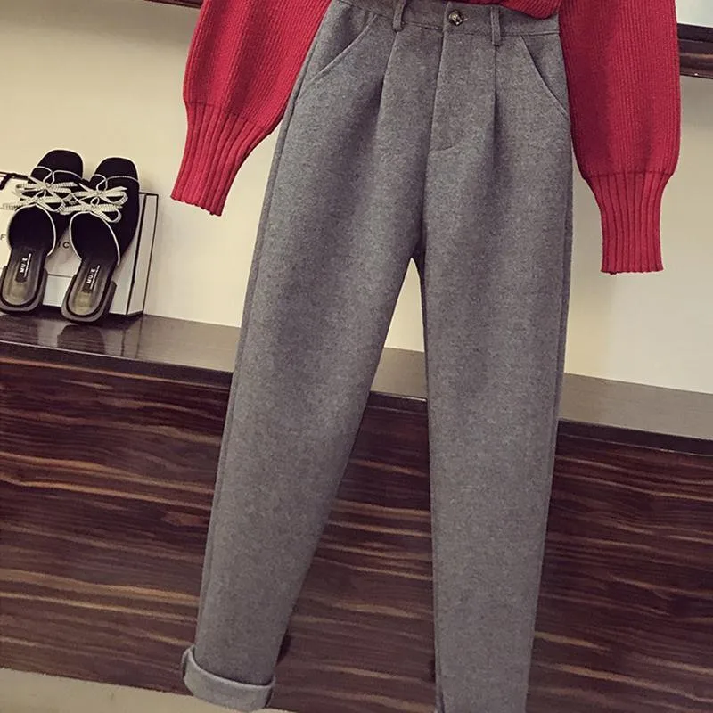 

Newest Winter Casual 2 Piece Set Women Loose Long Sleeve Knitted Pullovers O-neck Red Sweater+wool Pencil Pants Fashion Suits