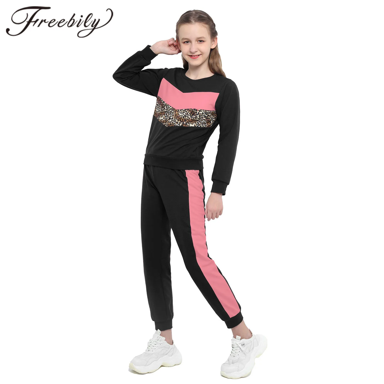 

Yoga Set Childrens Sports Clothes Teens Kids Girls Sport Suit Teens Long Sleeves Tracksuit Leopard Patchwork Sweatshirt & Pants