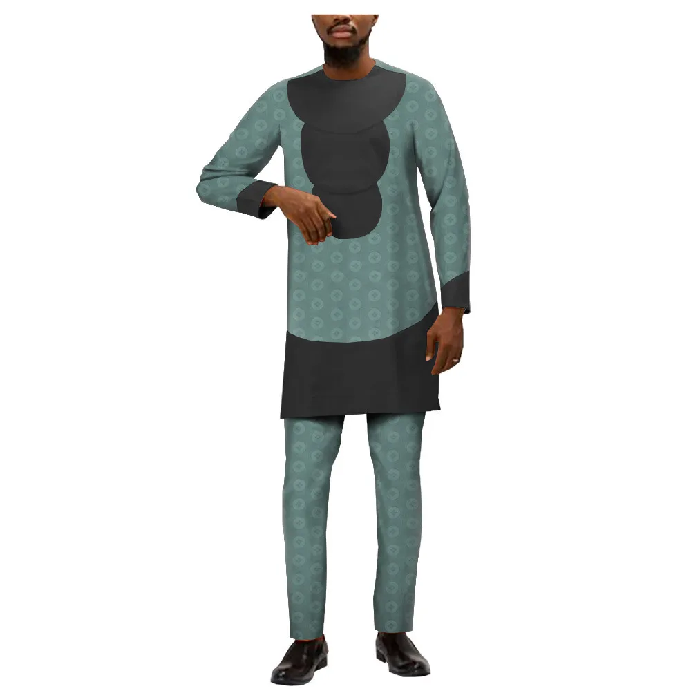 Africa print cotton suit for men bazin rich full sleeves side slit top+ slim pants men's casual T1916009 | Мужская одежда
