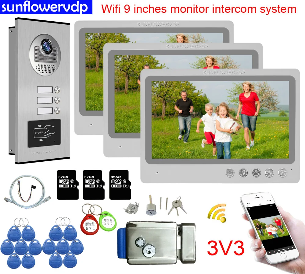 32 Гб запись Wifi 9 &quotвидеодомофон для 3 квартиры дверной звонок Rfid камера Веб