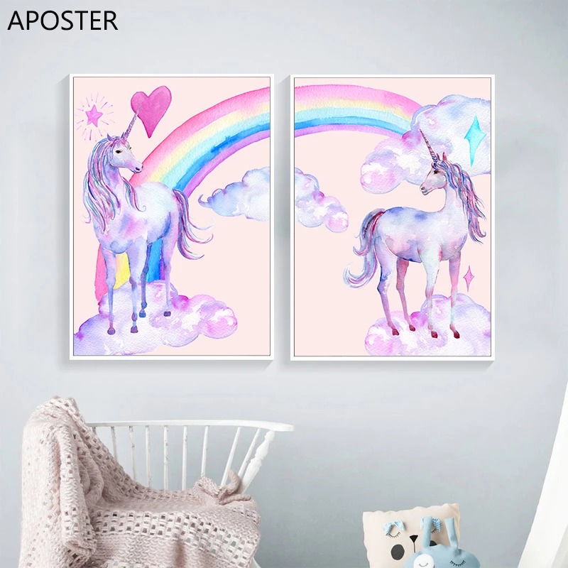 

Canvas Painting Rainbow Unicorn Posters And Prints Watercolor Pegasus Wall Art Decorative Picture Nordic Style Kids Decoration