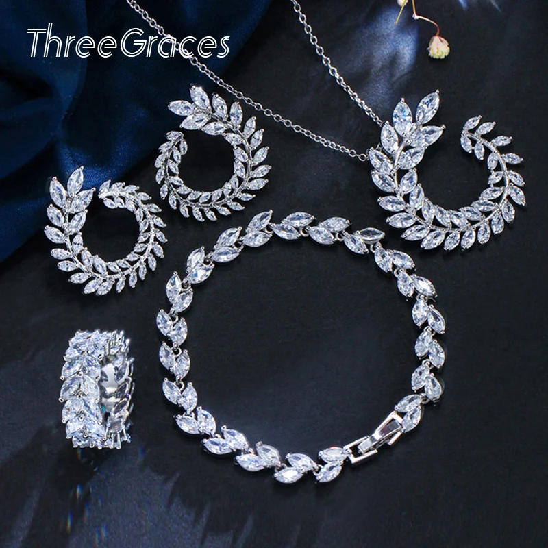 

ThreeGraces Unique Design CZ Stone Sparkling Olive Branch Leaf Shape Rings Bracelets Earrings Necklace 4pcs Jewelry Sets JS253