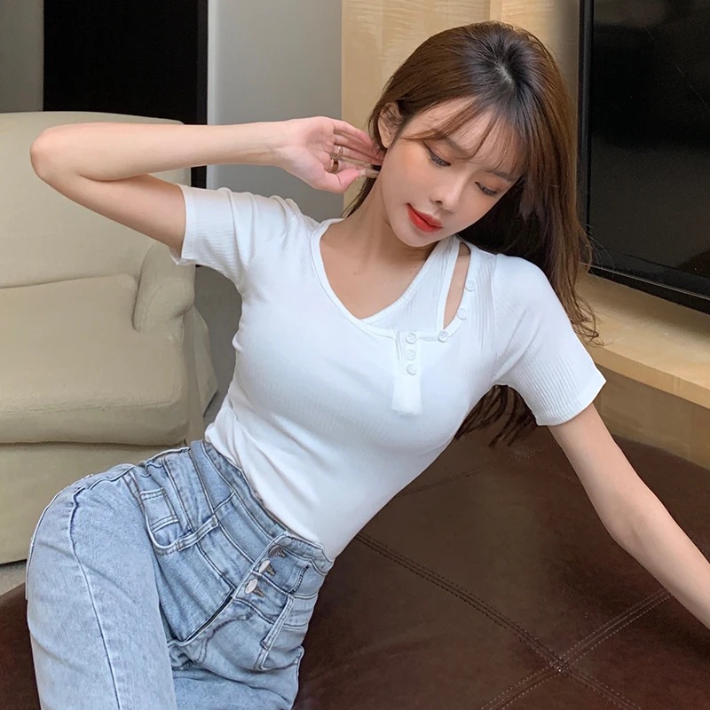 

COIGARSAM Sexy Short Sleeve korean blouse women Summer Fashion V-Neck blusas womens tops and blouses Black White 5115