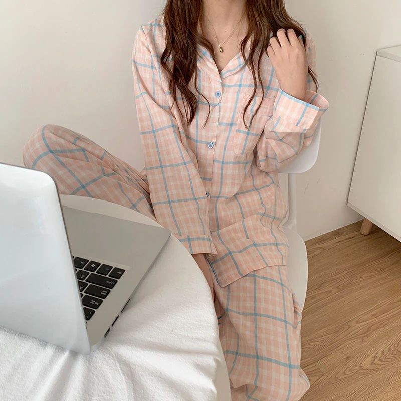 

JRMISSLI New Plaid Autumn Women Pajamas 2-piece Pajamas Long Sleeved Trousers Korean Style Loose Home Service Suits Pyjamas