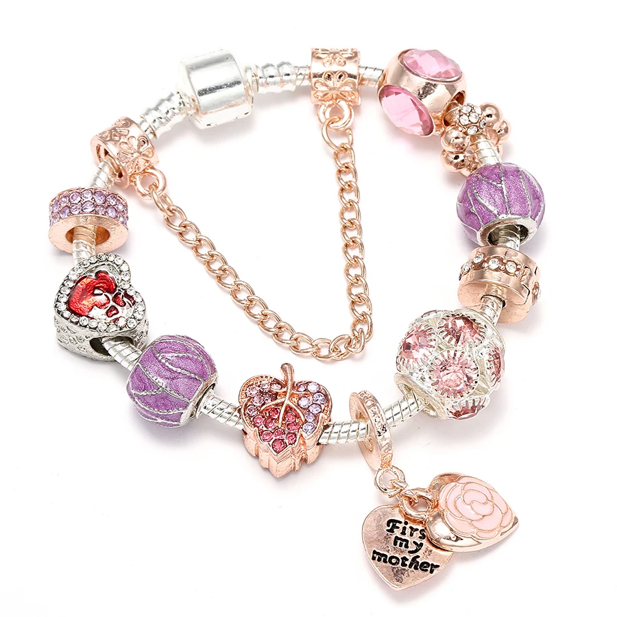 

DINGLLY Rose Gold Maternal Charm Bracelets For Women Men Original Pink Crystal Heart Shaped Leaves Purple Beads Bracelet Bangle
