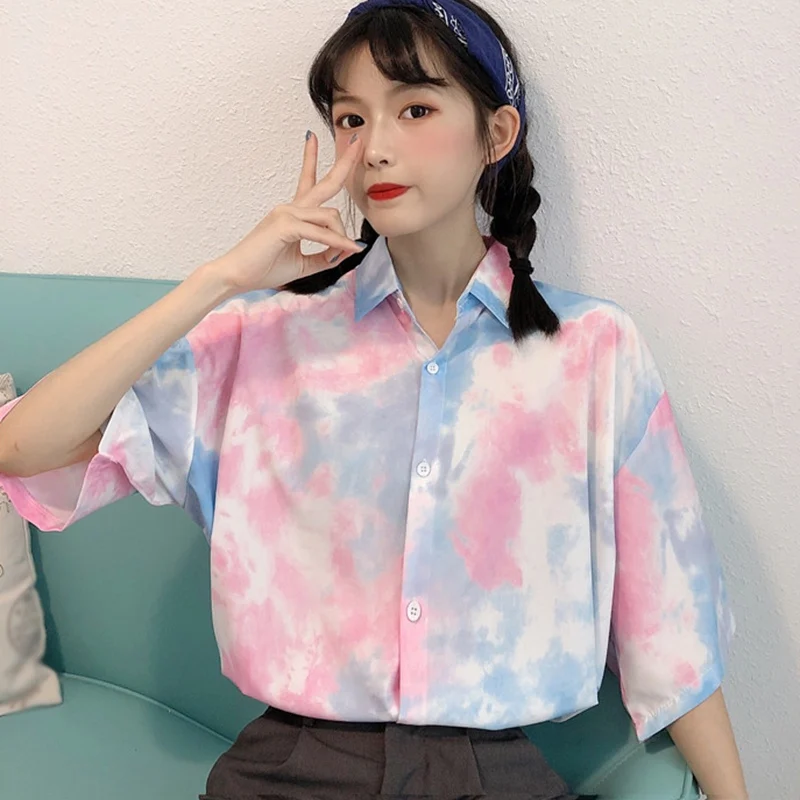 

Women Plus Size Harajuku Retro Tie-dye Short-sleeved Shirt Female Design Sense Korean Style Turn Down Collar Oversize Blouse