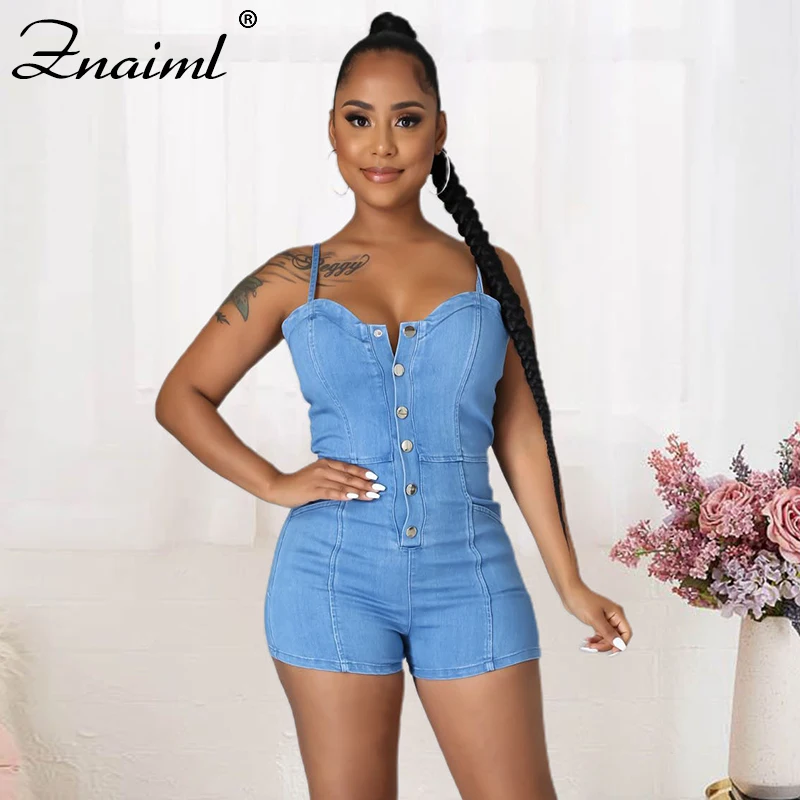 

Znaiml Short Denim Overalls Women Button Short Jumpsuit High Waist Casual Jeans Playsuit Washed Straps 2021 Summer Jeans Romper