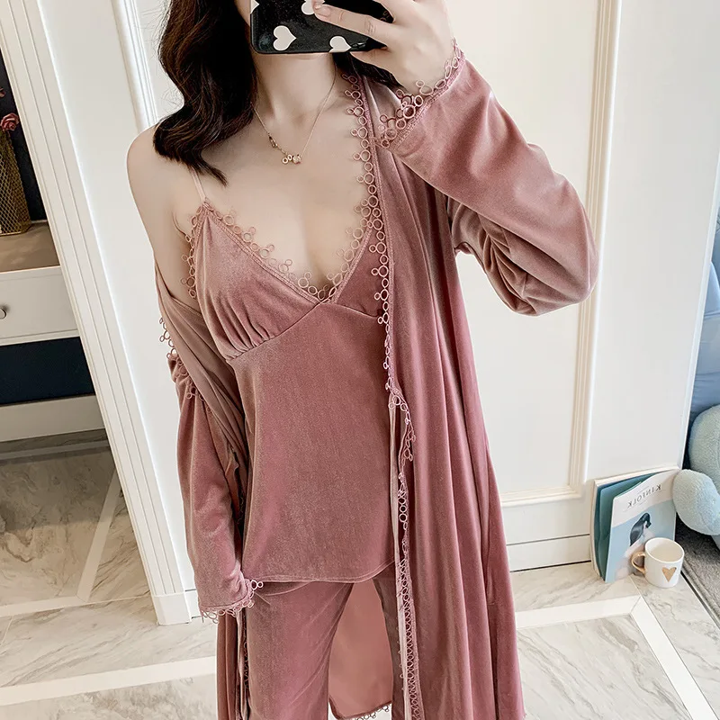 Осень новый золотой бархат чистый цвет 4 шт женский халат комплект согреться 2