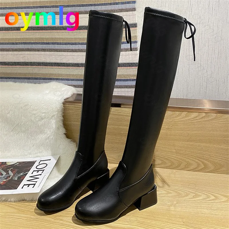 

Сапоги женские кожаные выше колена, на толстом каблуке, с круглым носком