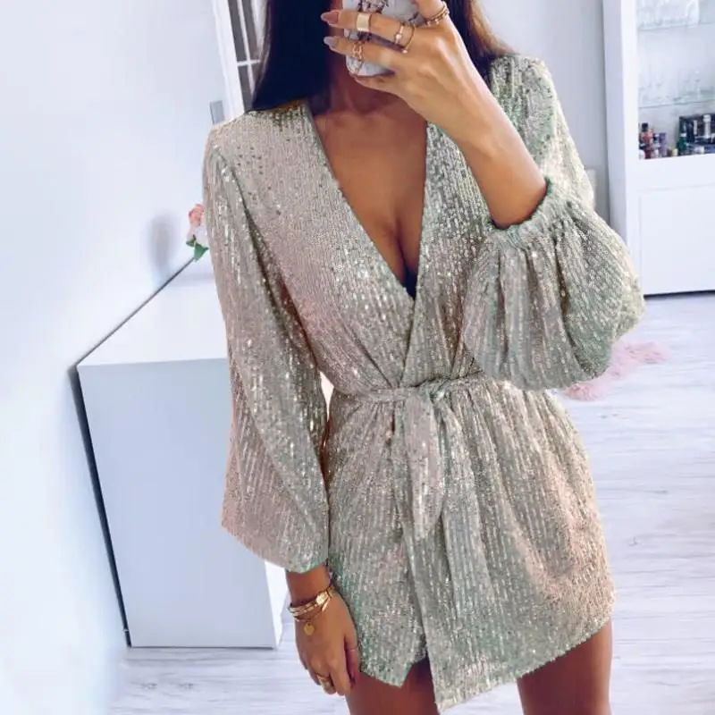 Женское сексуальное Клубное платье с блестками v-образным вырезом и поясом