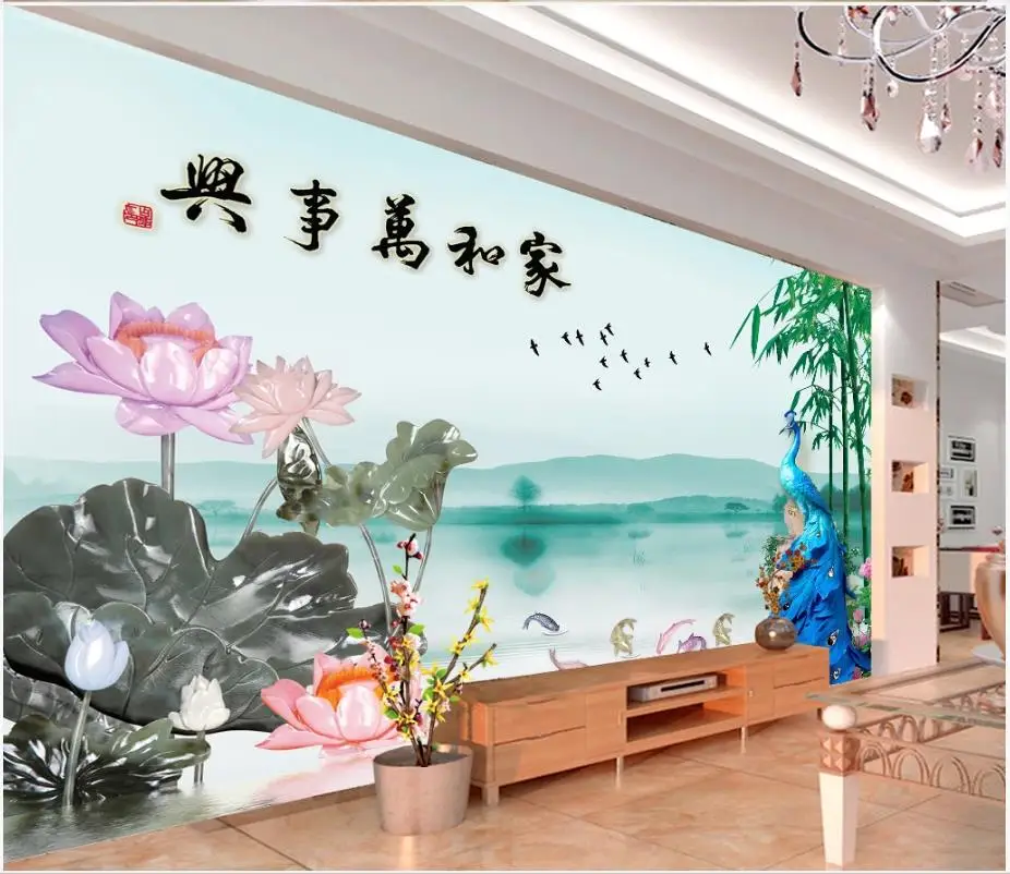 

Custom photo wallpaper 3d mural wallpaper for walls 3d Idyllic landscape jade carving peacock lotus background wall decoration