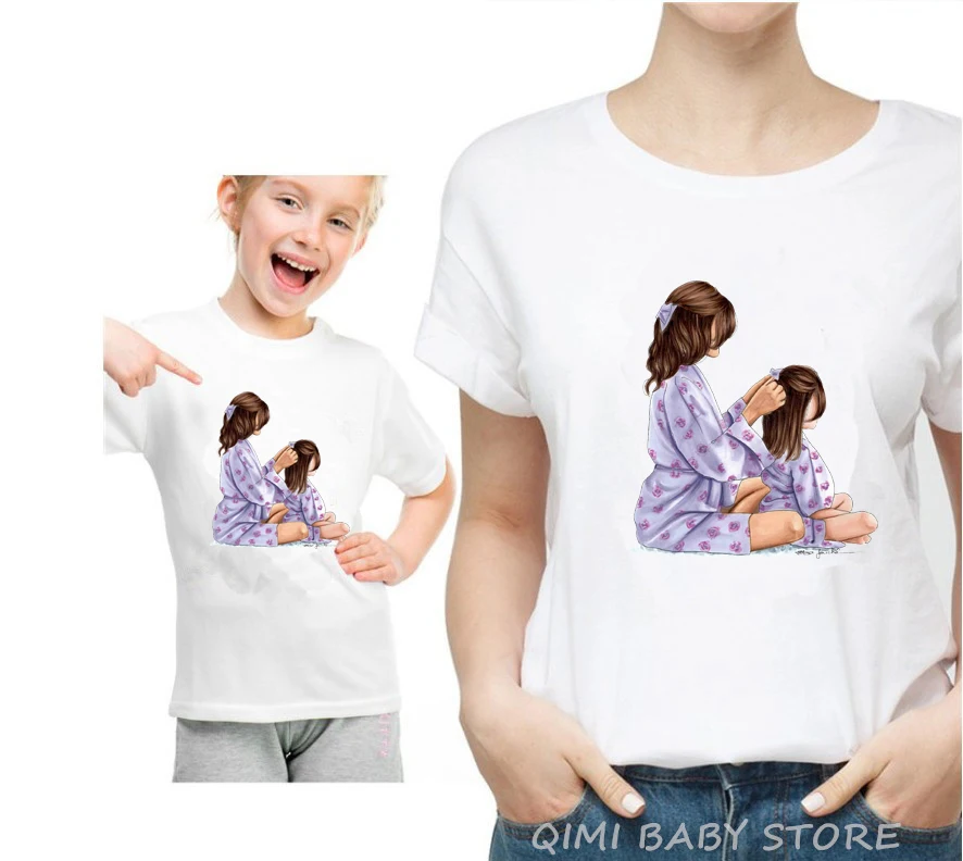Fashion Mom And Daughter Harajuku White Tshirt Parent-child Clothing Casual Lovely Short Sleeve Women T shirt O-Neck Tees - Цвет: A4-White