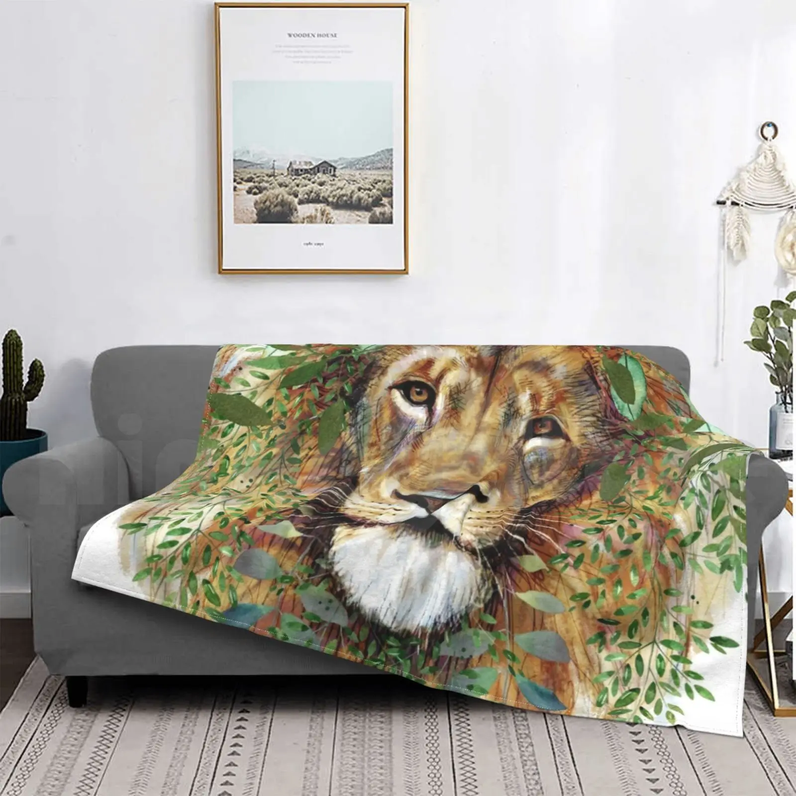 Акварельный Лев зеленые природные листья одеяло ручной росписи модный