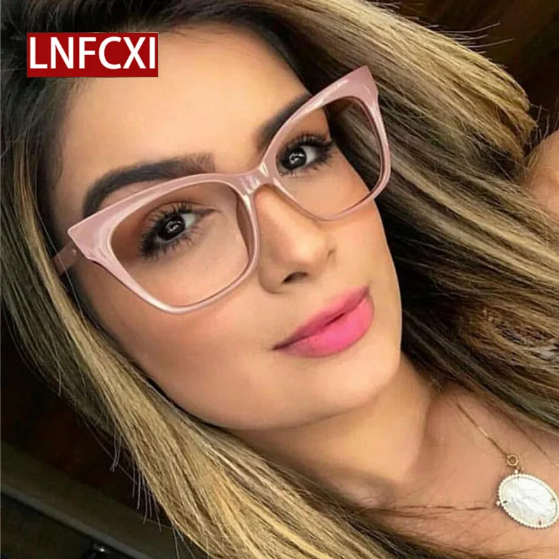 

LNFCXI Sexy Cat Eye Spectacles Oversized Female Glasses Frames Women Transparent Pink Lens Optical Computer Eyeglasses Frames