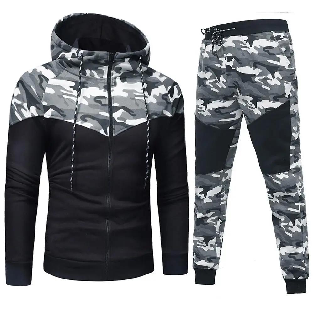 

Chic Men Camouflage Print Casual Sport Zipper Hooded Coat Pants Suit Tracksuit