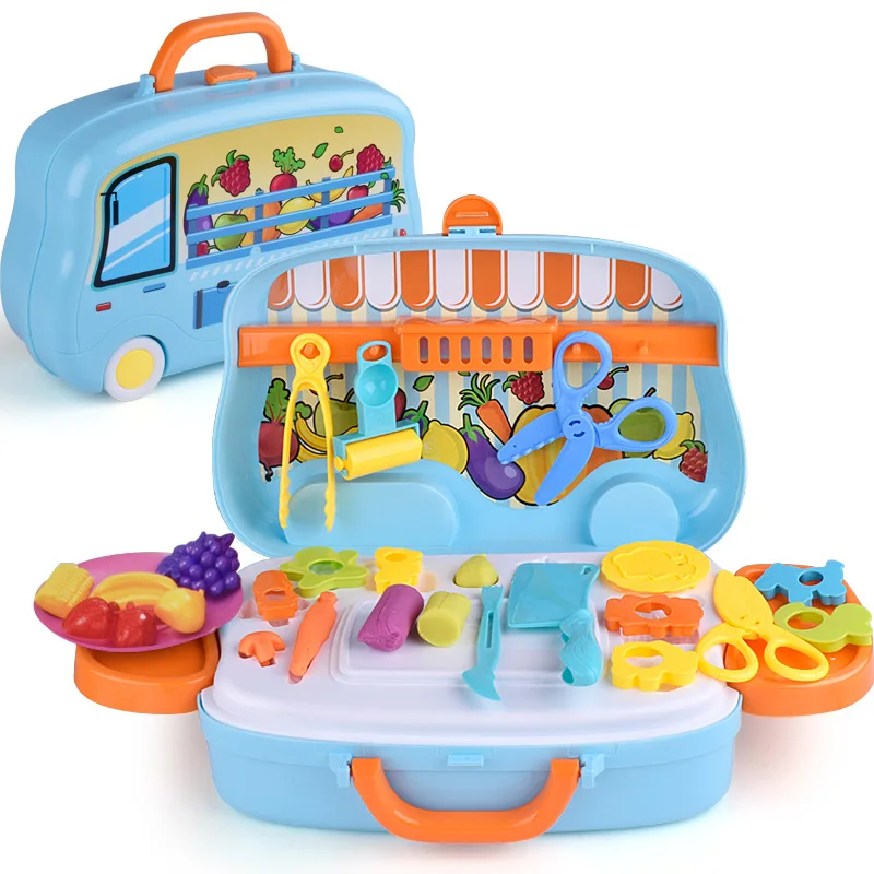 

Children's DIY fruit color mud toys can store fruits and vegetables family suitcase dinosaur color mud toys