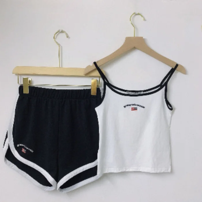 

Fashion Classic Trendy Luxury Design Letter Embroidery Side Color Matching Sling Vest Top T-shirt Elastic Shorts Set A2