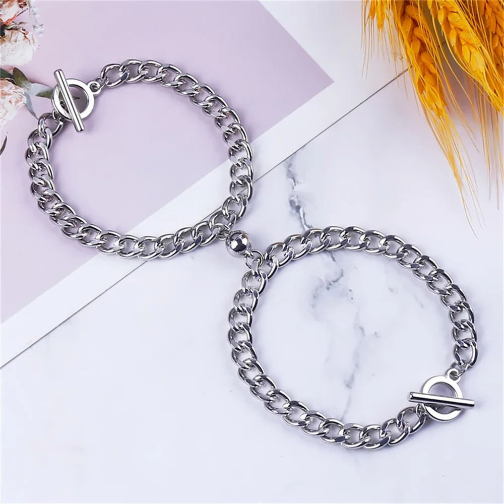 

Simple Style Magnet Couple Bracelet Silver Color Cuban Chain Link OT Buckle Friendship Bracelets for Women Men Promised Jewelry