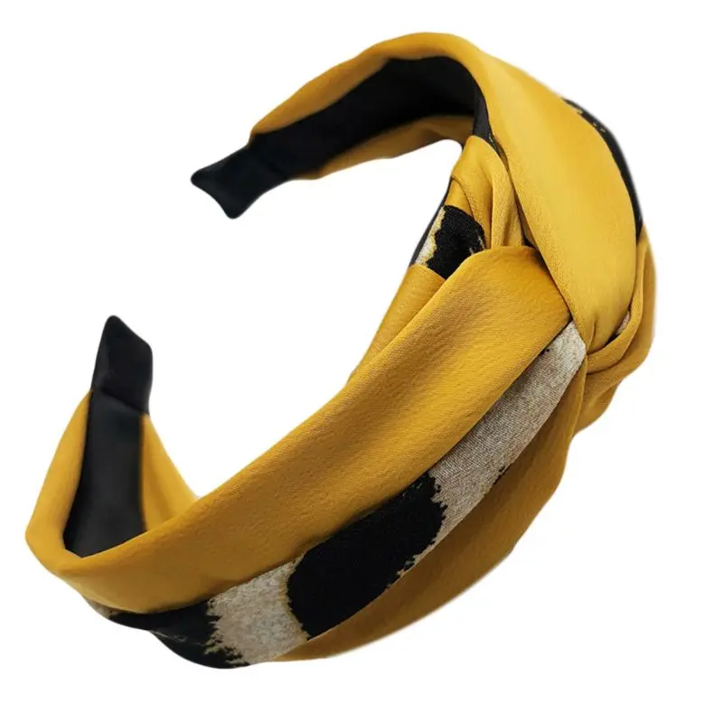 

Vintage Twisted Knotted Cloth Wrapped Headband Color Block Leopard Patchwork Wide Hair Hoop Retro Ruched Elastic Casual Headwear