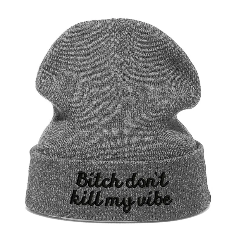 Beanie шляпа Skullie Кепки смутная зима вышивка в стиле панк Для мужчин Для женщин подростков в стиле «хип-хоп» BITCH «Don't KILL MY VIBE по макету клиента - Цвет: GRAY BLACK