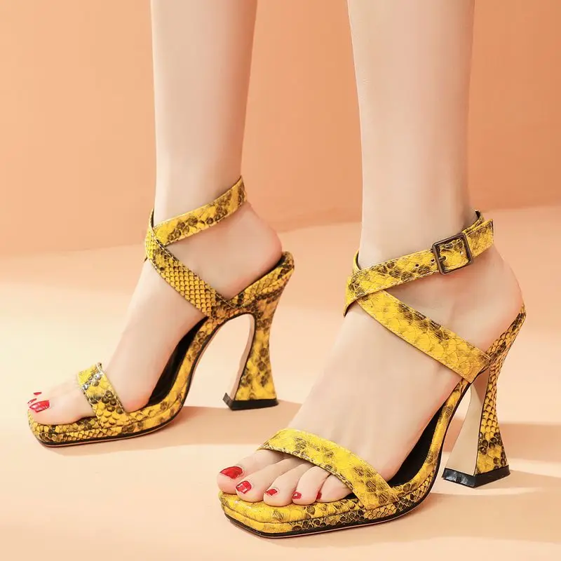 

COOLULU 2020 Sexy Party Dress Sandals Snake Skin Open Toe Women Spike High Heel Sandals Cross Tied Slingback Sandals Size 33-43