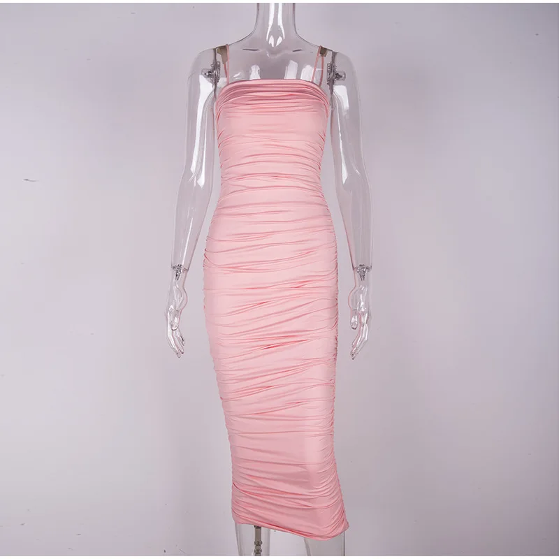 

WEPBEL Dress Summer Sexy Solid Color Pleated High Waist Slim Dress Women's Casual Strapless Spaghetti Strap Backless Dress