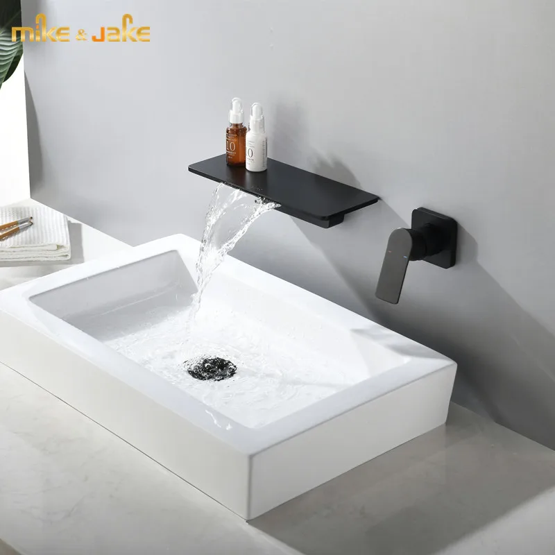 Матовый черный настенный смеситель для раковины водопада ванной комнаты горячей