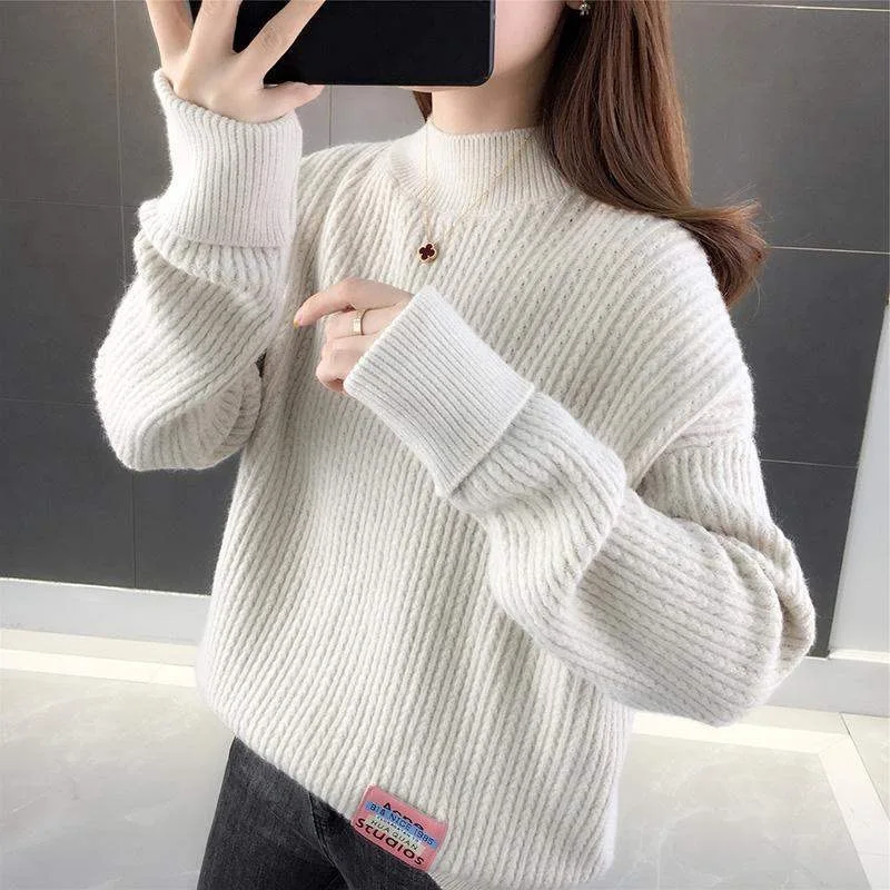 

2021 Autumn And Winter New Plus Fat Plus Size Women's Lazy Wind Hedging Pure Color Base Loose Thick Knit Korean Style Blouse