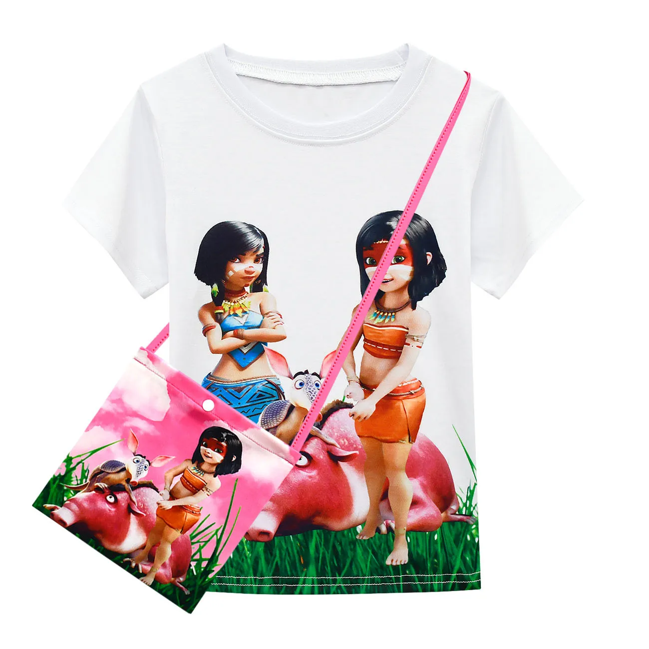 

2-10Y Baby Girls Cartoon Clothes Set Anime Movie Ainbo T Shirt + Pleated Bow Skirts Small Bag 2pcs Sets Kids Boutique Clothing