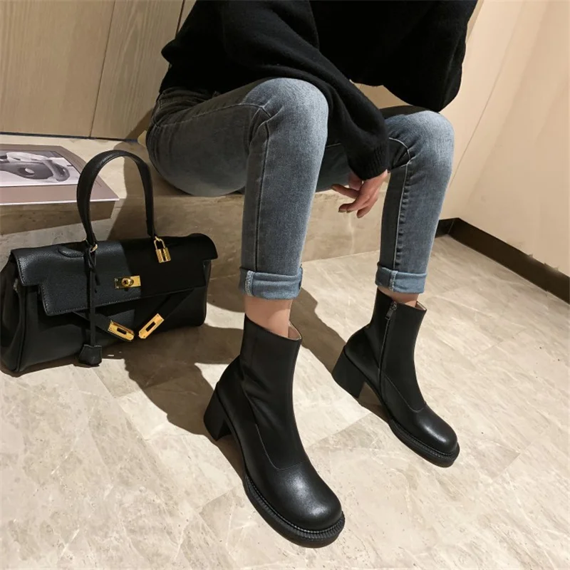 

Women's Mid Calf Boots Zipper-Sid Flat Platform Tound ToeThick Bottom Ladies Shoes Solid Color Leisure Sewing Party Women Boots