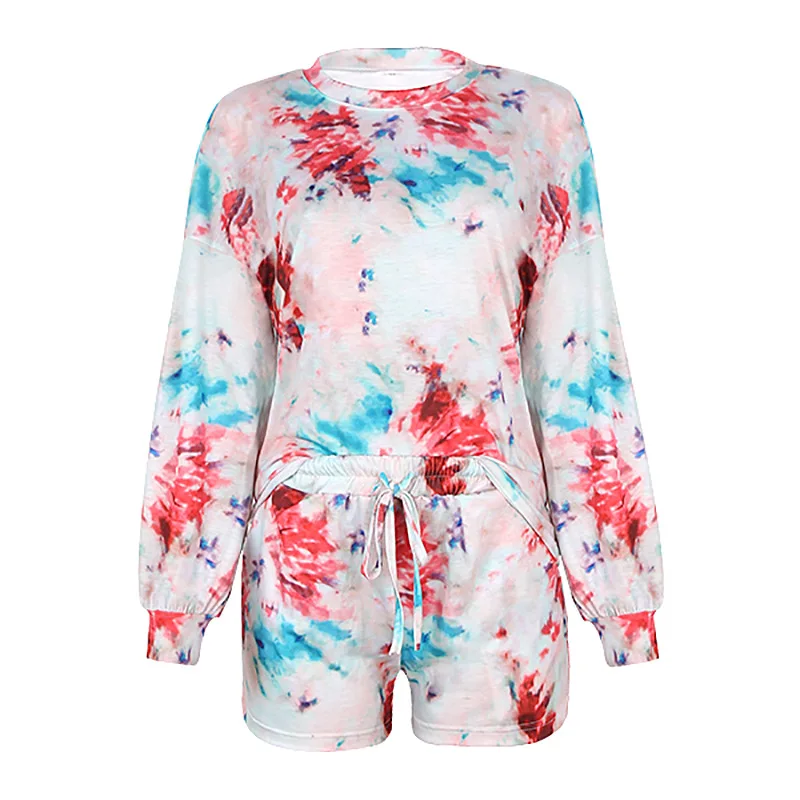

2021 spring and summer European and American tie dyed home wear women's popular printed long sleeve leisure suit