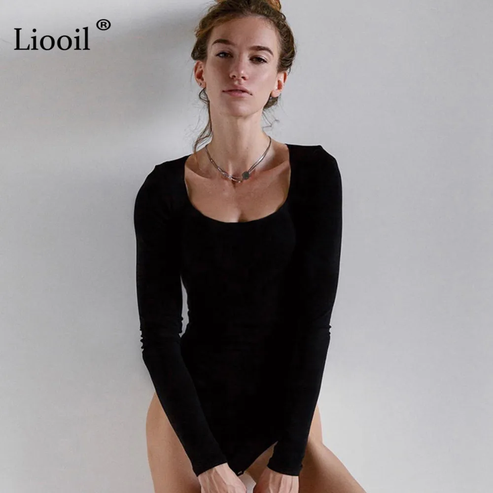 Черный Liooil/черно-белые облегающие костюмы, сексуальный облегающий костюм для женщин, Топ для женщин, осенне-зимние вечерние комбинезоны с длинными рукавами и круглым вырезом - Цвет: Черный