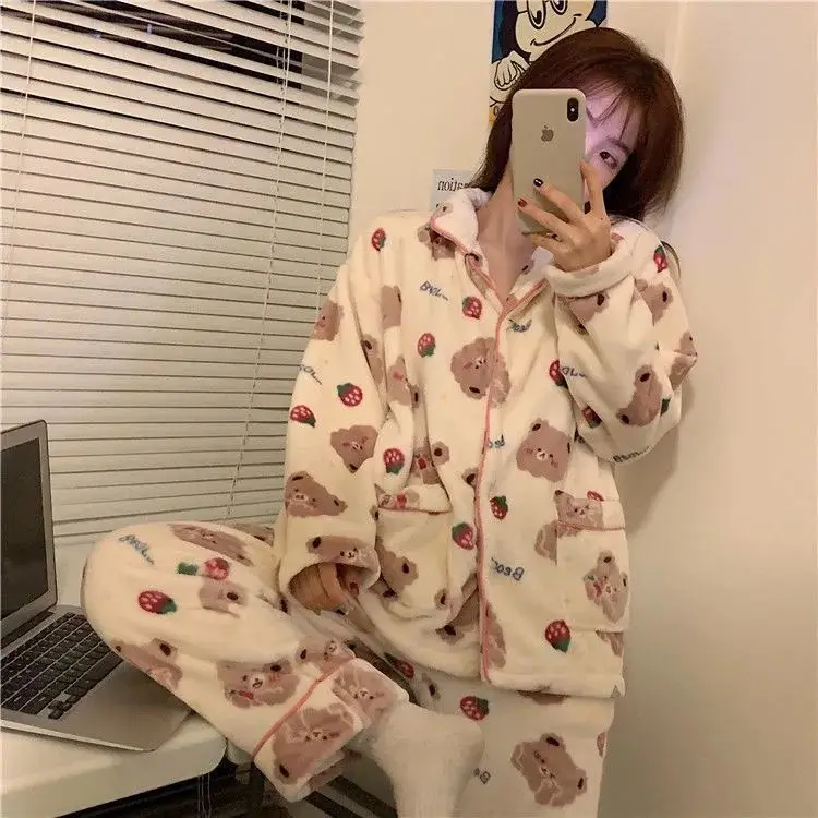 Cute Coral Velvet Pajamas Female Students Ins Autumn and Winter New Thickened Plus Velvet Outer Wear Home Wear Two Pajamas Set