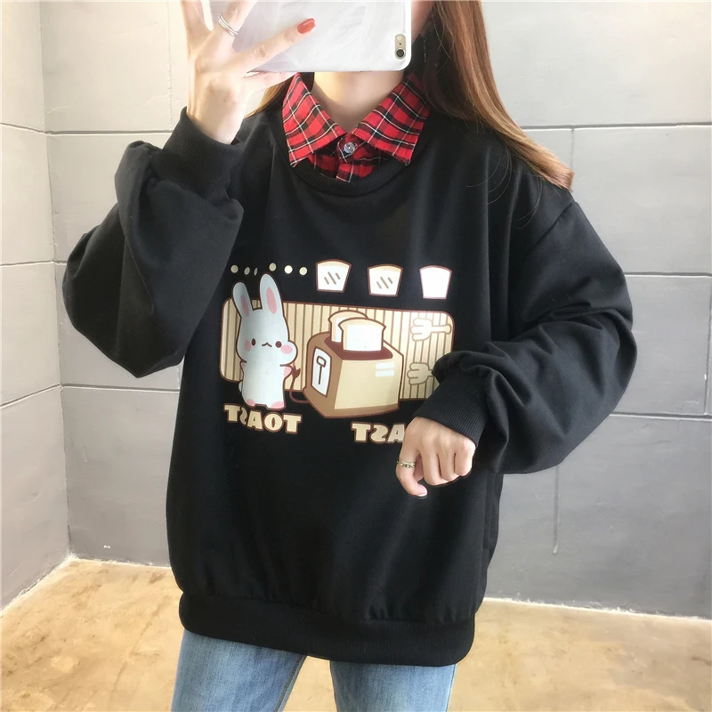 

Women kawaii cartoon printed Sweatshirts Autumn Plaid patchwork oversize Long Sleeve thin hoodie Casual black Fake two Pullovers