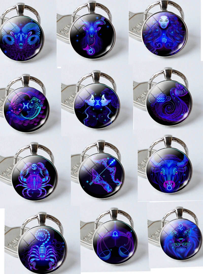 

12PCS Leo Virgo 12 Constellation Key Chains Glass Cabochon Pendant Zodiac Sign Key Rings Silver Plated Bag Pendant Keychains