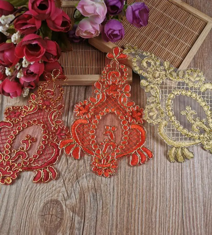 5 шт. 15х10 см высококачественные золотисто-Красные кружевные нашивки с цветочным