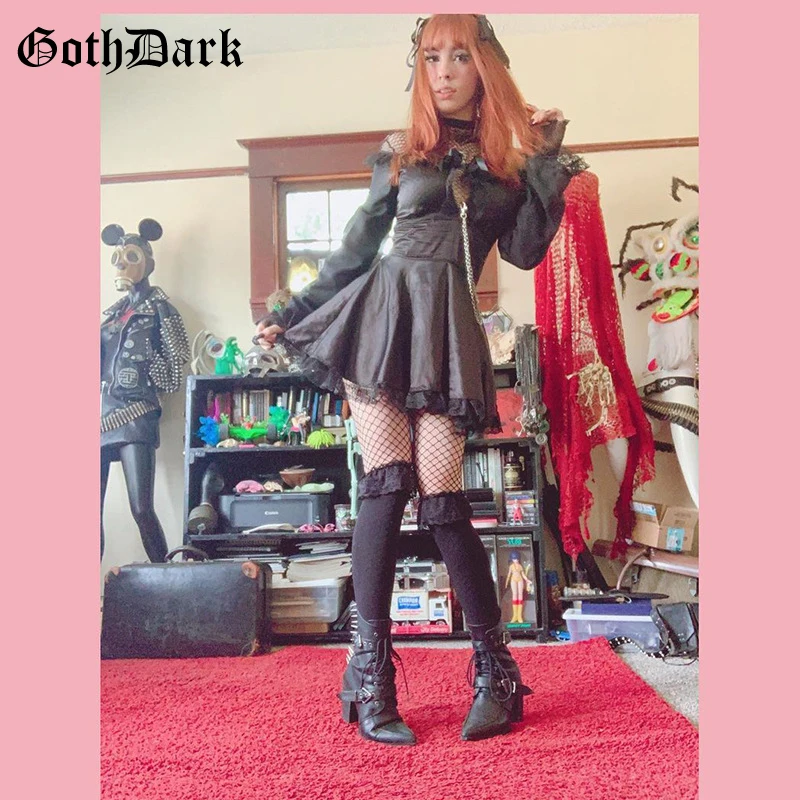 Женское атласное платье Goth Dark с оборками кружевное ТРАПЕЦИЕВИДНОЕ в готическом