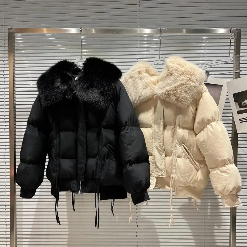 

Fox Fur Collar Detachable Drawstring Thick Warm Cotton Jacket Women Loose Zip Down Cotton-Padded Coat Female 2021 Winter Parkas