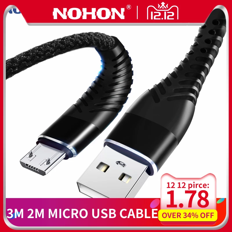 NOHON Micro USB кабель высокопрочный кабель для быстрой зарядки 1 м 2 м 3 м для samsung Xiaomi huawei LG Android мобильный телефон синхронизация данных провод