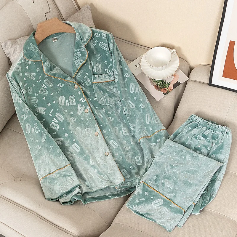 124 de Veludo Pijamas Conjunto Feminino Quente Inverno Casual Dormirwear Solto Roupão Macio Manga Longa Camisa Pant 2 Pçs