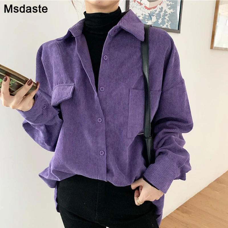 Women Shirts Blouses Fashion Vintage Oversized Womens Tops and Blouse Turn-down Collar Casual Plus Size Loose Woman Purple Shirt