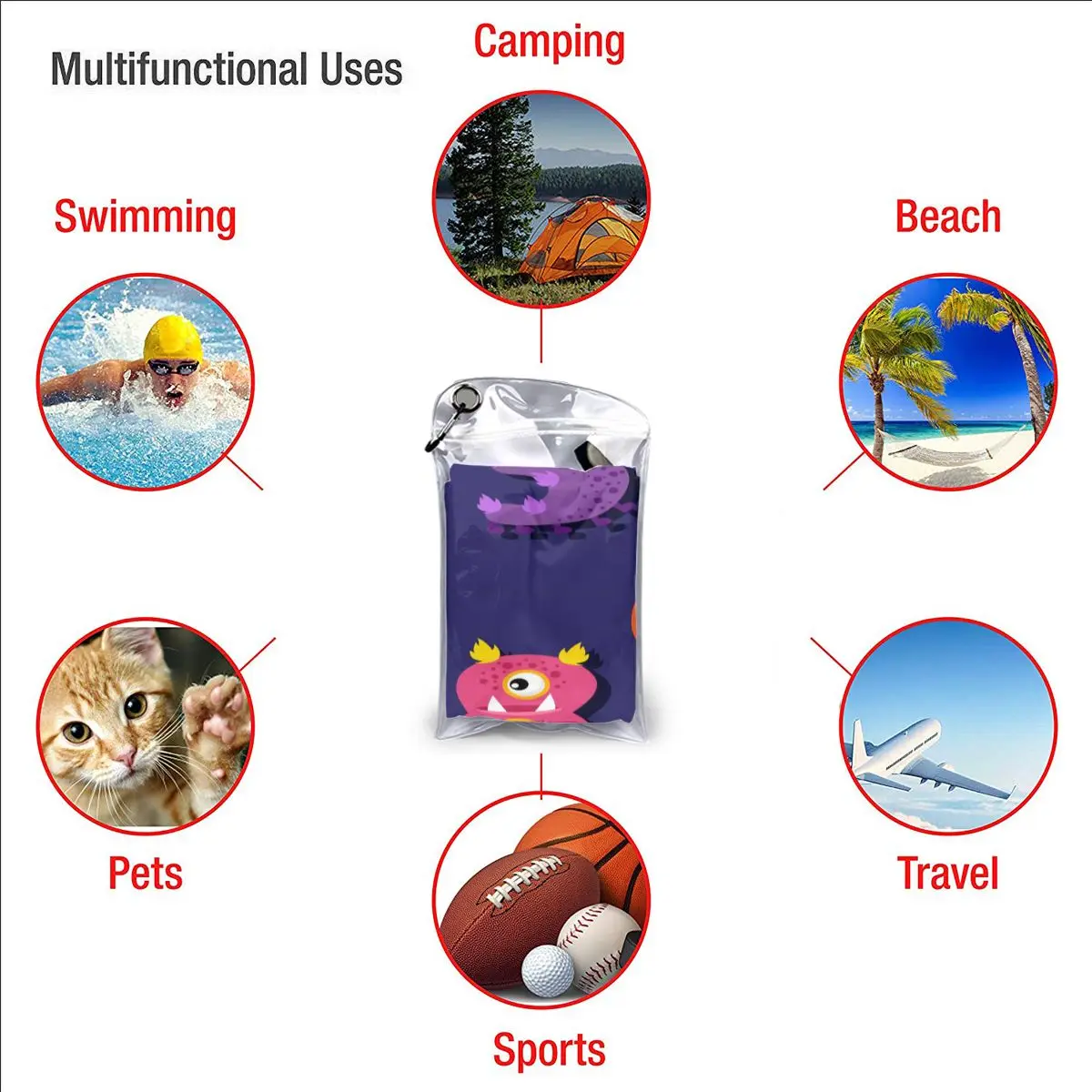 

Quick Drying Pocket Towel Cartoon Funny Numbers Monsters Portable Water Absorbent Towel No Pilling Sports Bath Towel