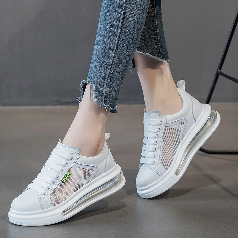 

Thick-soled Air Cushion Women's White Shoes Leather 2021 New Mesh Breathable All-match Sports Shoes Casual Women's Sneakers