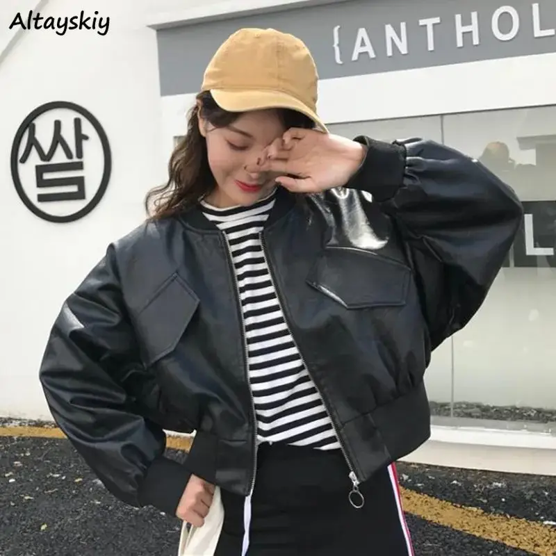 

Jackets Women Batwing Sleeve Cropped Spring Korean Style Cool PU Students Fashion Leisure Solid Streetwear Zipper Female Loose