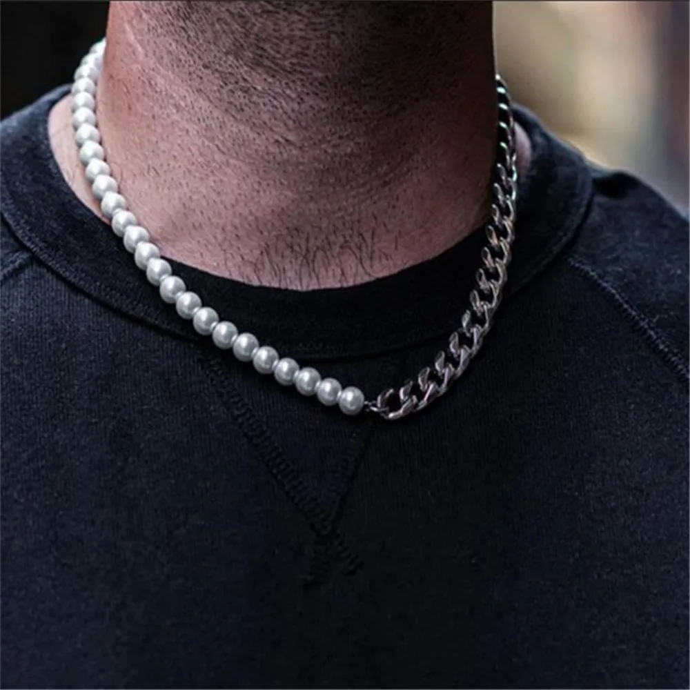 

KunJoe Trend Imitation Pearls Link Chain Necklace Men Luxury Stainless Steel Handmade Chain Choker Necklace For Men Jewelry Gift