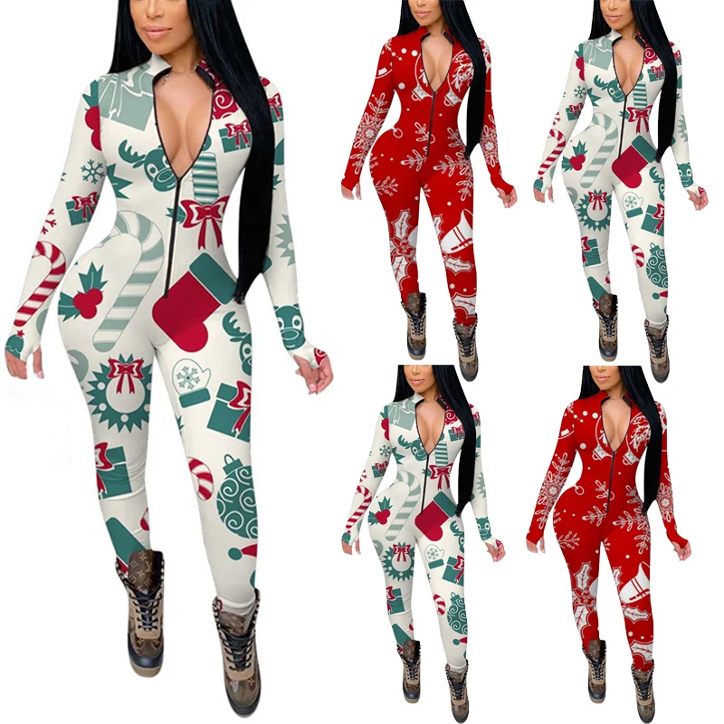 

Xmas Jumpsuit Pajamas for Adults Women Sleepwear Pijama Sexy Mujer Bodysuit Christmas Printed Ladies Long Jumpsuit Home Clothes