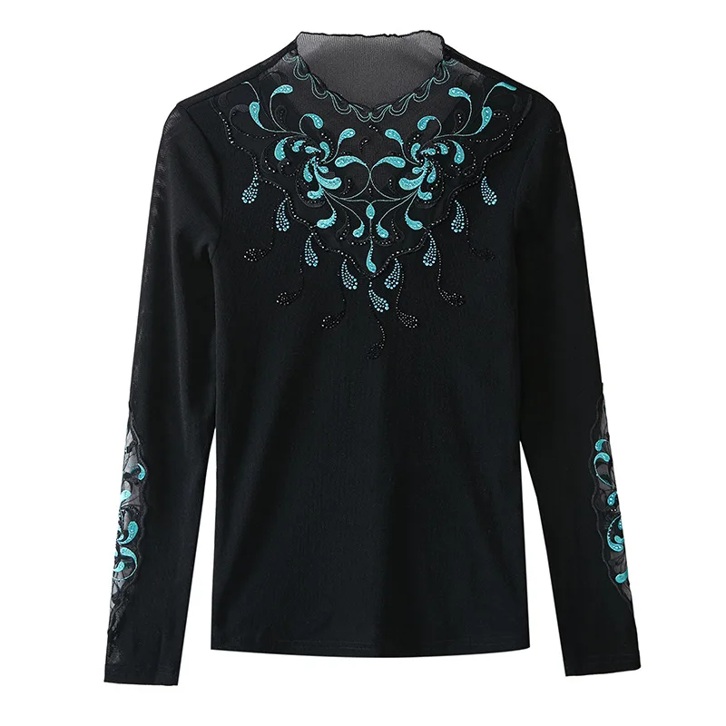 

2020 Autumn Bright Silk Bottoming Shirt Fashion Small Shirt Mesh Lace Shirt Half-Collar Long Sleeve Women's T-shirt Tops