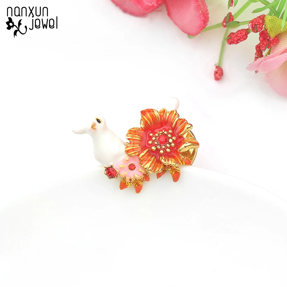 3D Белый Кролик цветок эмаль броши Женщины Мужчины стразы животное Свадьба