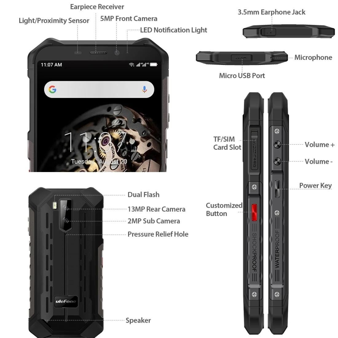 Смартфон Ulefone Armor X5 защищенный 3 + 32 ГБ 5000 мА ч экран 5 дюйма Android 9 0 Восьмиядерный